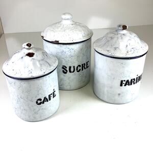 Vintage French Enamel Graniteware Canister Set of 3 Farmhouse Enamelware 1920/30